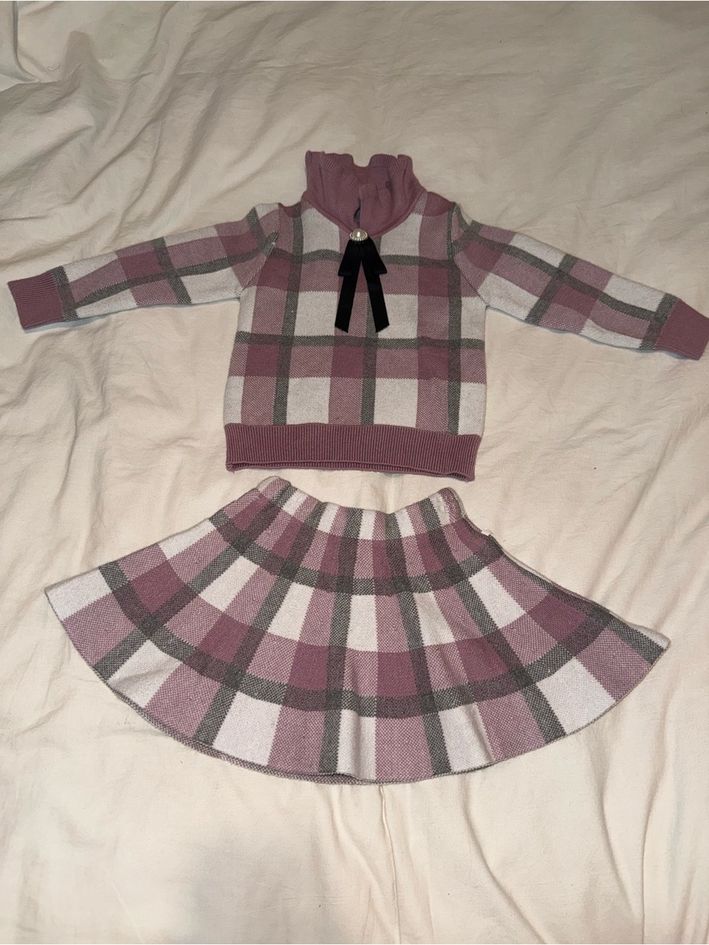 Girls Plaid Knit Sweater Top in Mauve and Gray